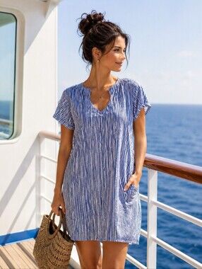 Escapada Blue White Stripe Shift Dress Tunic Cover Up Size L Resort Coastal